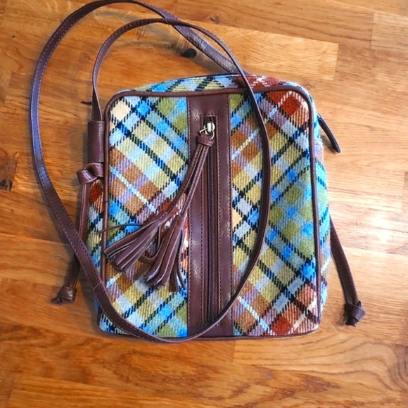 BNWOT RRP £50 genuine leather & tartan tweed crossbody bag satchel never used - Picture 8 of 14